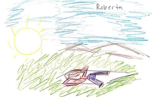 Drawing of a person laying in a field on a sunny day